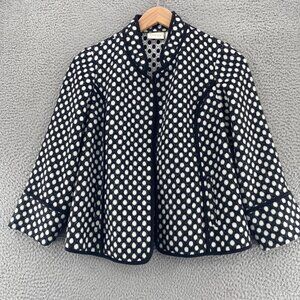 Chicos Jacket Womens 0 US Small Black White Dot Wool Blend Pockets Faux Fur Open